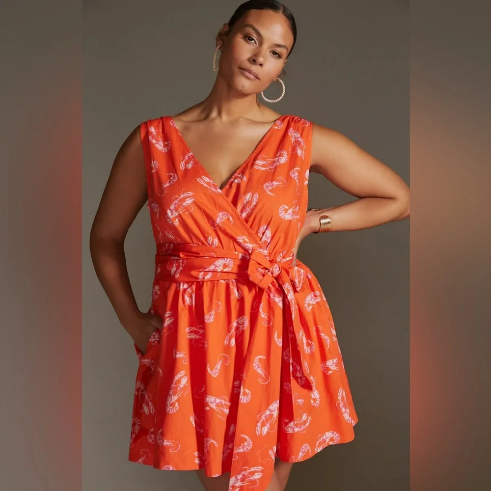 ANTHROPOLOGIE Maeve‎ Mainely Lobster Wrap Dress Vibrant Orange Red lobster S